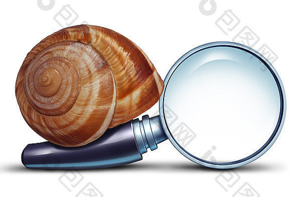 慢搜索概念问题互联网连接搜索信息放大玻璃比喻形状的蜗牛