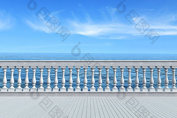 空阳台俯瞰海混凝土栏杆木白色地板上呈现