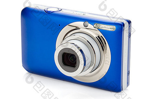 蓝色的紧凑的相机孤立的白色背景