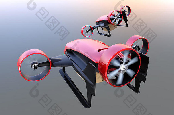 后视图红色的垂直起降drones携带交付包飞行天空呈现图像