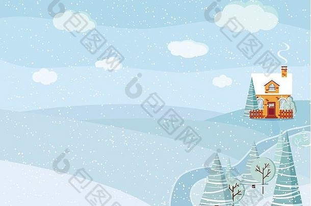 冬天景观场景国家砖农场房子冬天树梳理云河雪字段