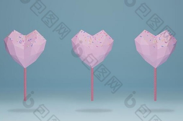 粉红色的心形状巧克力糖果结束坚持棒棒糖色彩斑斓的洒一流的甜蜜的食物模式蓝色的背景渲染