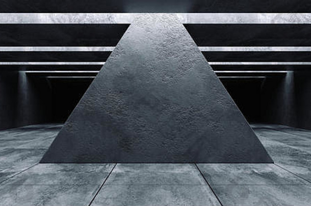 现代三角形未来主义的混凝土背景难看的东西空黑暗空间车库大厅隧道走廊宇宙飞船粗糙的纹理发光的白色光画廊