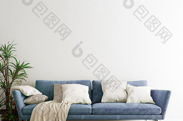 模拟墙钢蓝色的沙发现代室内背景生活房间斯堪的那维亚风格宽特写镜头渲染插图