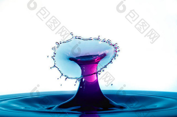 水滴碰撞宏蓝色的紫色