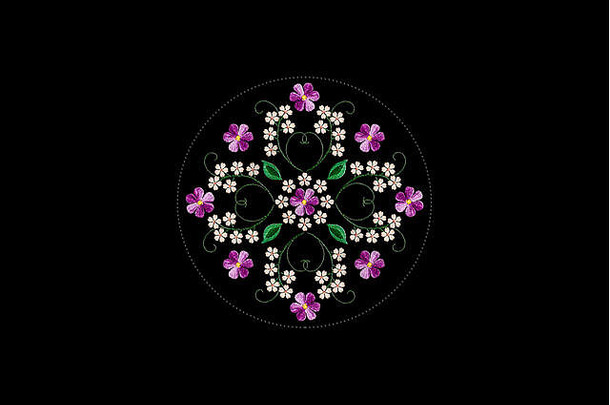 设计刺绣模式花束精致的白色紫色的花珠框架黑色的背景