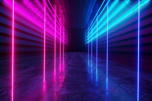 未来主义的霓虹灯黑暗阶段建设发光紫色的<strong>蓝色</strong>的复古的现代sci未来<strong>隧道</strong>走廊走廊难看的东西混凝土反射形状fluores