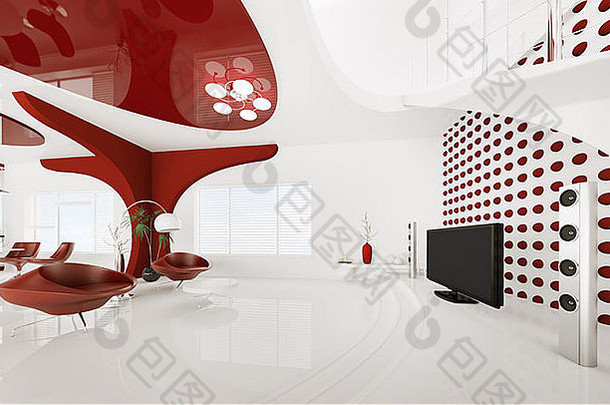 现代室内白色红色的生活房间渲染