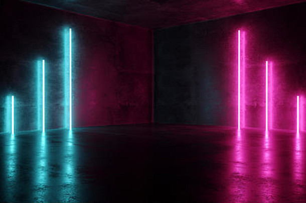 sci<strong>蓝色</strong>的粉红色的紫色的霓虹灯未来主义的赛博朋克发光的复古的现代充满活力的灯激光显示空阶段房间大厅反光混凝土难看的东西库鲁