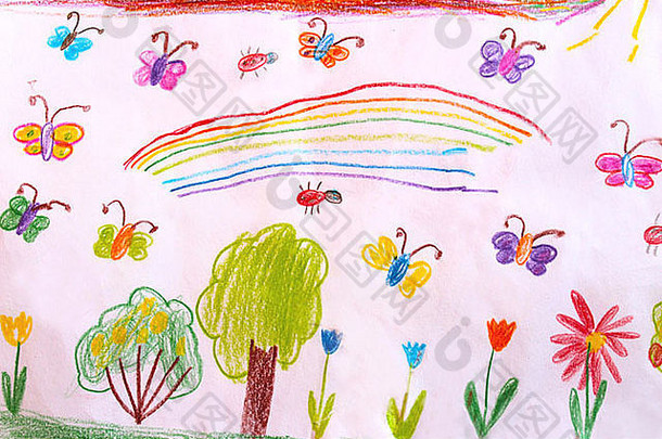 五彩缤纷的孩子们的画蝴蝶花