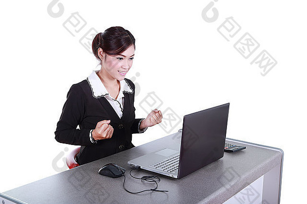 庆祝女商人移动PC电脑孤立的白色背景