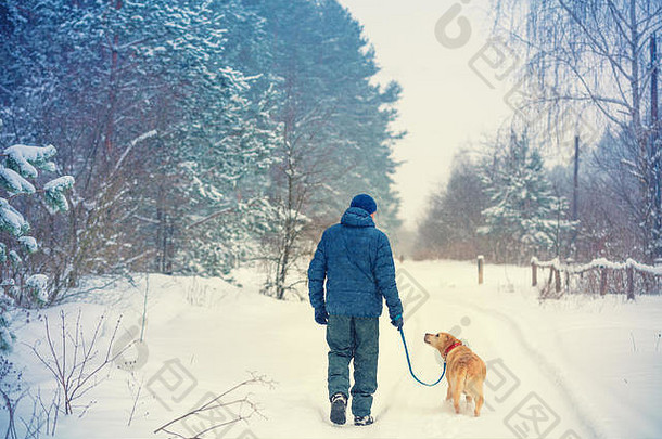 男人。狗朋友男人。狗走路森林雪冬天