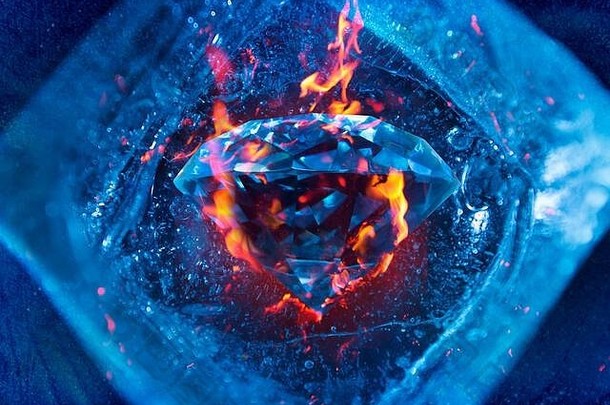 照片燃烧钻石内部蓝色的冷冰多维数据集