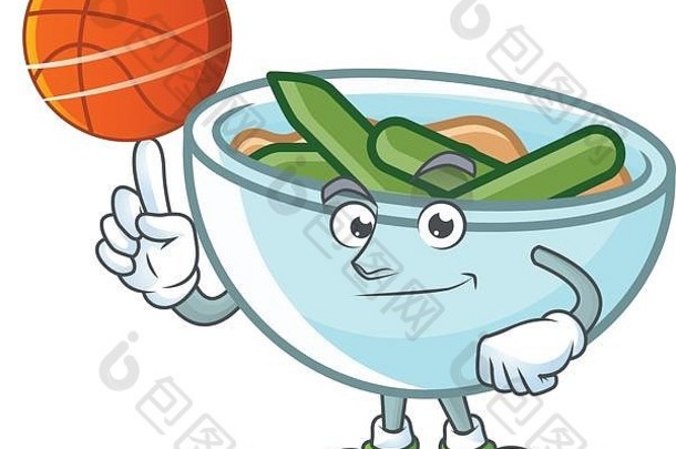 绿色豆子砂锅碗持有篮球吉祥物