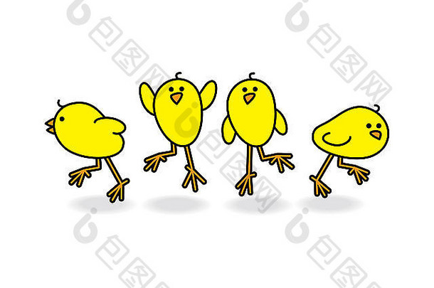 插图小可爱的小鸡集团散射白色背景
