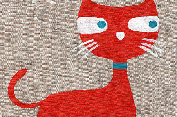 快乐的孩子画油漆织物猫