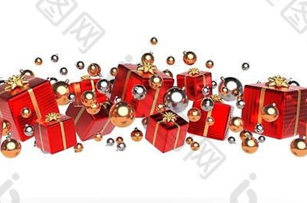 圣诞节横幅红色的礼物黄金饰品呈现