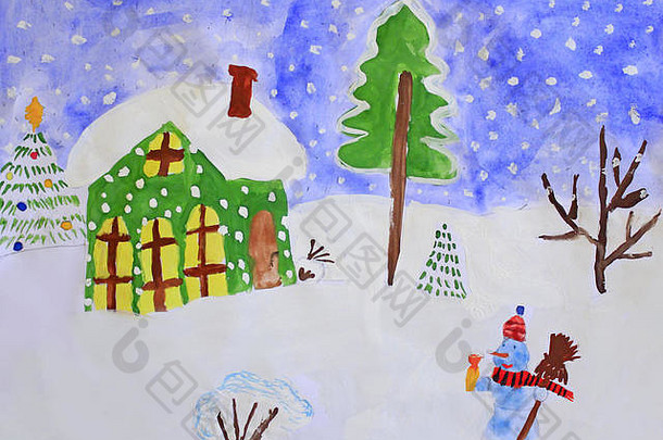 圣诞节幼稚的画令人难以置信的雪人房子