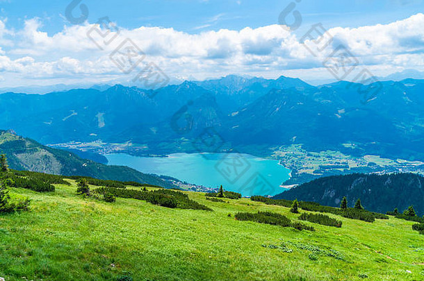 视图景观沃尔夫冈湖湖山沙夫贝格山奥地利