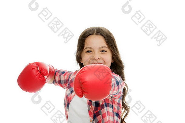 女孩拳击手套准备好了战斗孩子强大的独立的女孩感觉强大的女孩权力概念女权主义教养女权利战斗权利女权利自由