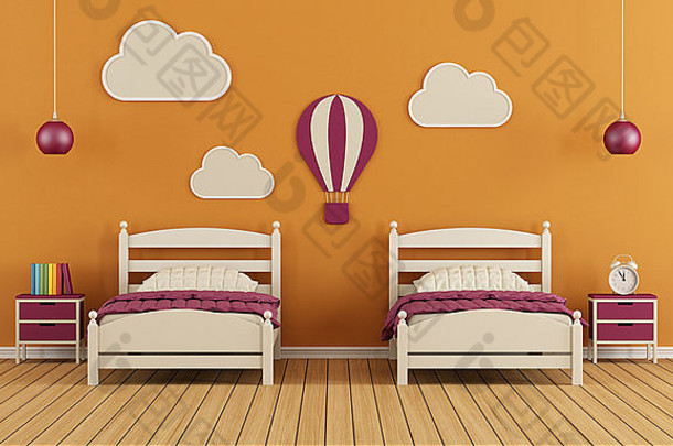 孩子们的卧室单床装饰橙色墙呈现
