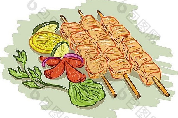 画草图风格插图鸡烤肉串串蔬菜香菜柠檬叶黄瓜孤立的白色