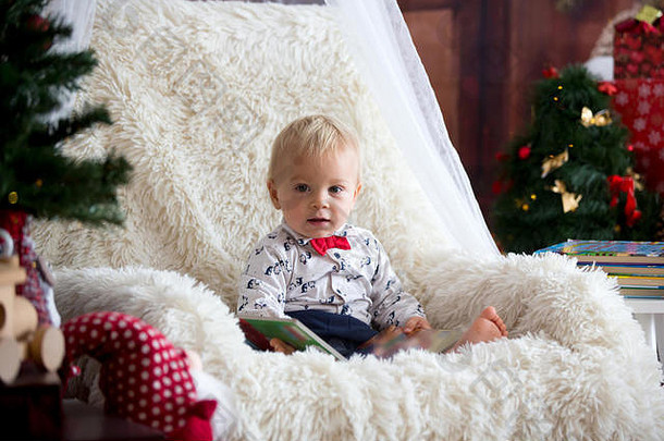 可爱的男孩阅读书坐着椅子<strong>圣诞</strong>节树首页