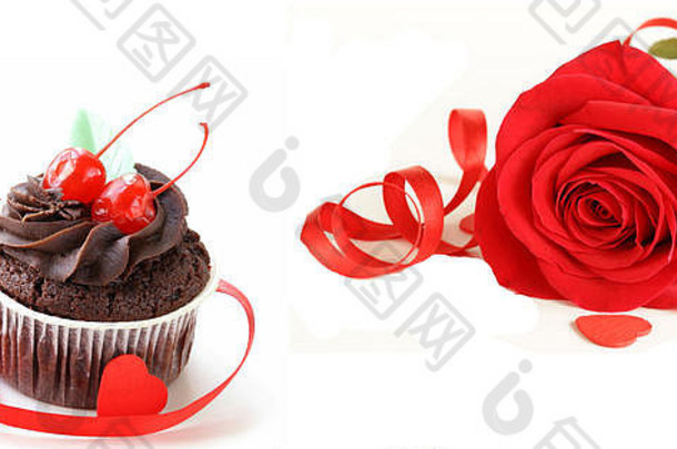 巧克力蛋糕红色的玫瑰情人节一天