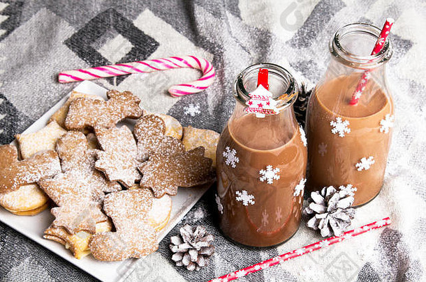 圣诞节热巧克力甜蜜的饼干色彩斑斓的装饰