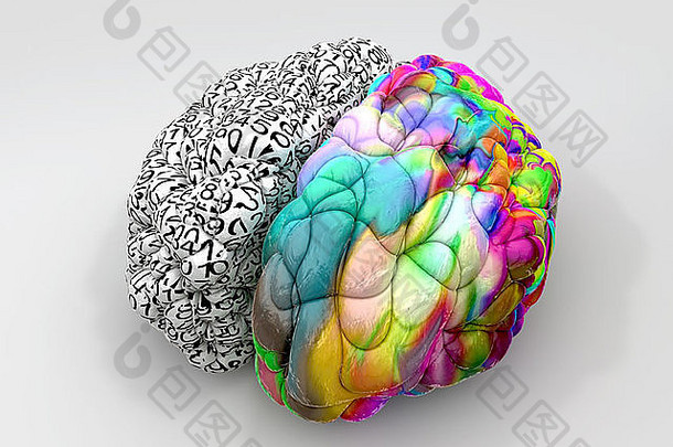 大脑左一边分析结构化心一边描绘分散色彩鲜艳的心