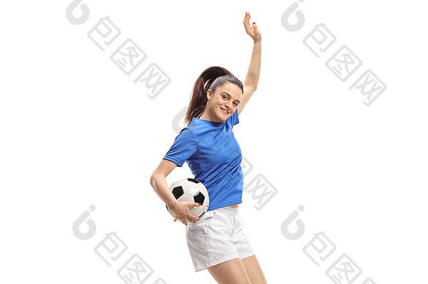 女足球球员跳孤立的白色背景