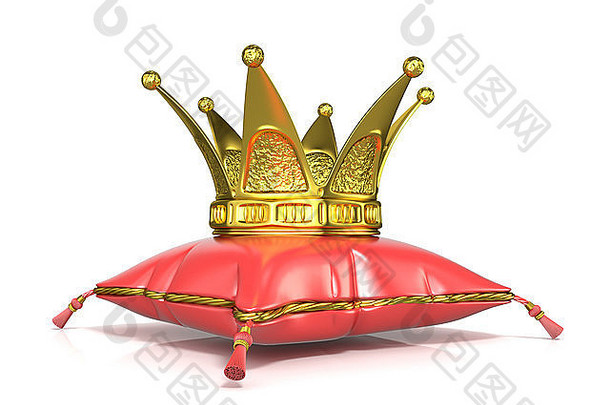 皇家红色的枕头金皇冠渲染插图孤立的白色背景