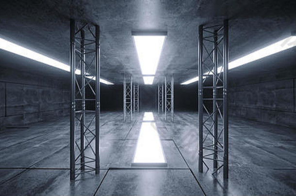 sci未来主义的混凝土难看的东西反光宇宙飞船领导激光面板阶段金属结构灯长大厅房间走廊隧道黑暗空渠