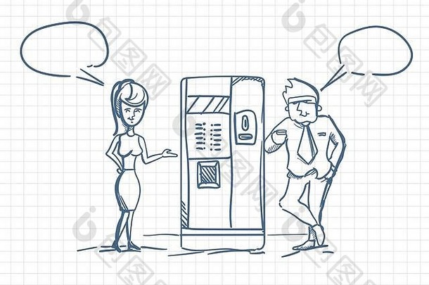 草图业务男人。女人会说话的喝咖啡站自动售货机涂鸦的平方纸背景