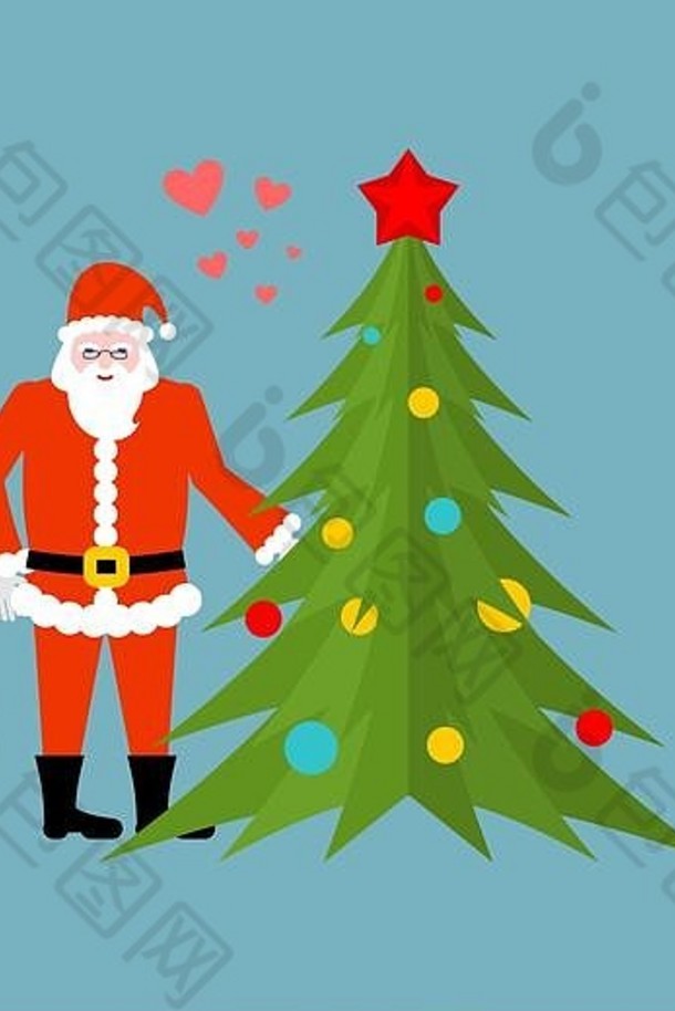 圣诞老人老人圣诞节树持有手圣诞节日期男人。红色的西装Fur-tree一年