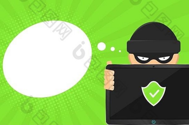 黑客持有安全电脑手电子高科技平板电脑横幅形式云系统受保护的绿色盾