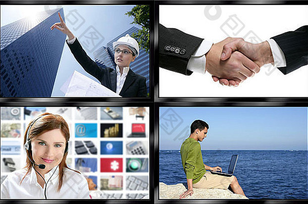 黑色的框架电视多个屏幕墙业务概念
