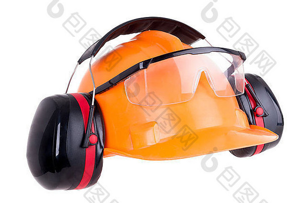 工业保护集包括硬他安全护目镜耳罩拍摄白色