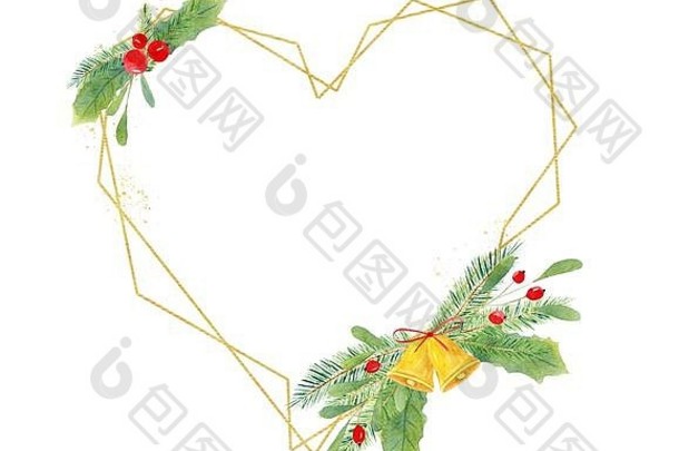 心形状的圣诞节框架手画水彩插图x-mas金边境冬青冬青槲寄生钟红色的丝带浪漫的