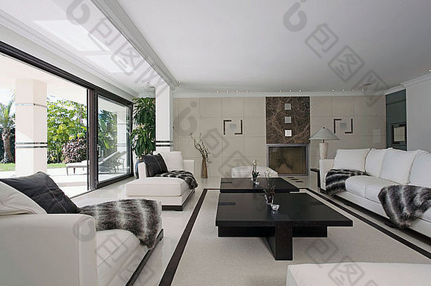 黑色的白色抛出白色沙发大现代白色生活房间黑色的擦身而过黑色的白色地板
