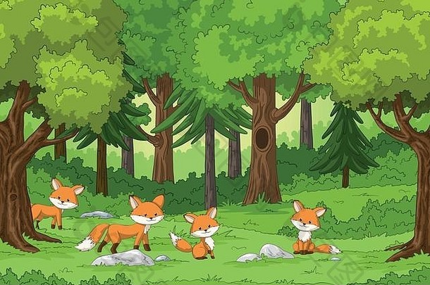 可爱的狐狸森林手画插图