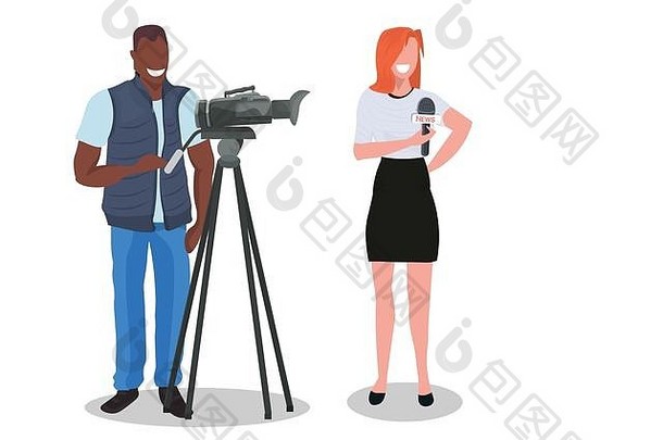 女人记者相机男人。展示生活新闻操作符拍摄记者视频相机三脚架电影使概念完整的长度平