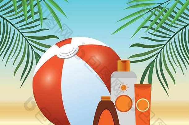 夏天时间海滩球防晒霜奶油管瓶假期异国情调的树叶