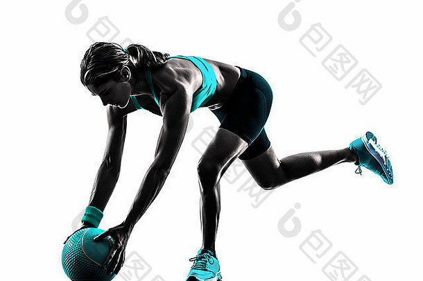 高加索人女人锻炼医学球健身工作室轮廓孤立的白色背景