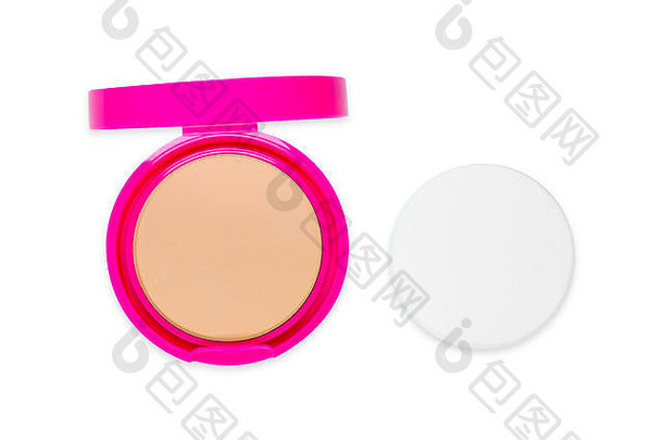 化妆品按下粉泡芙粉红色的情况下孤立的白色背景剪裁路径脸粉镜子使前视图紧凑的