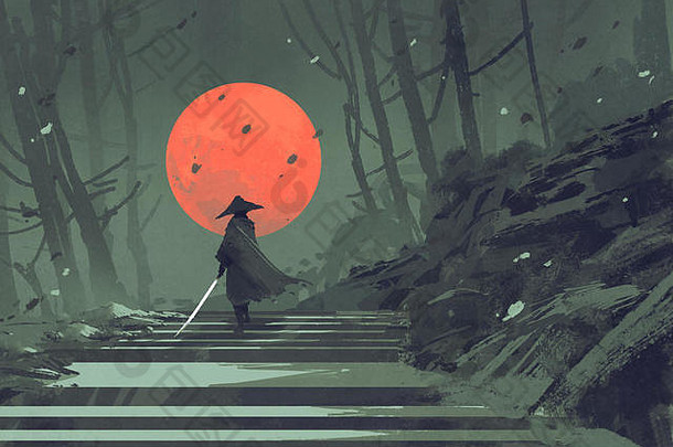 武士站楼梯晚上森林红色的月亮背景插图绘画