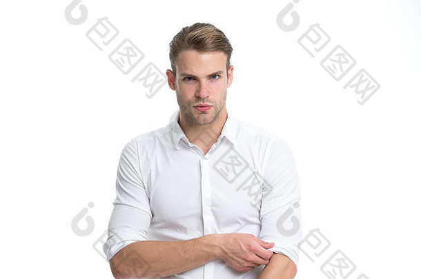 男人。培养无拘束的白色领优雅的衬衫孤立的白色背景男子气概自信准备好了<strong>工作</strong>办公室的家伙办公室工人英俊的有吸引力的<strong>工作衣服</strong>代码白色领工人