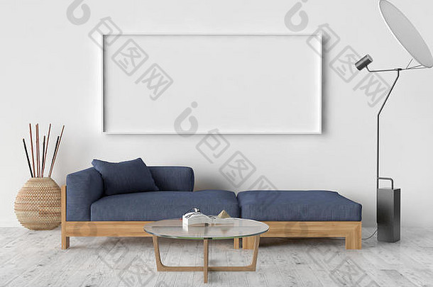 木条镶花之地板地板上沙发室内灯空白图片框架墙插图