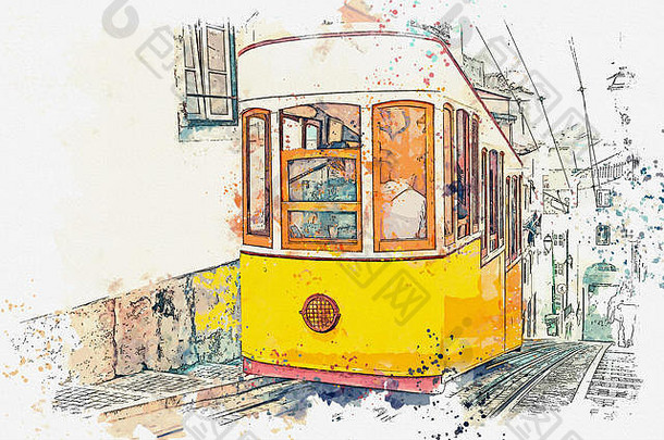 草图水彩插图传统的有轨电车移动街里斯本葡萄牙