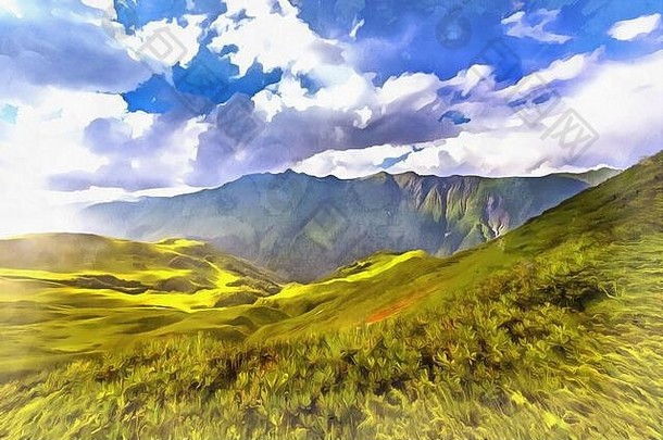 风景山景观高加索地区山色彩斑斓的绘画